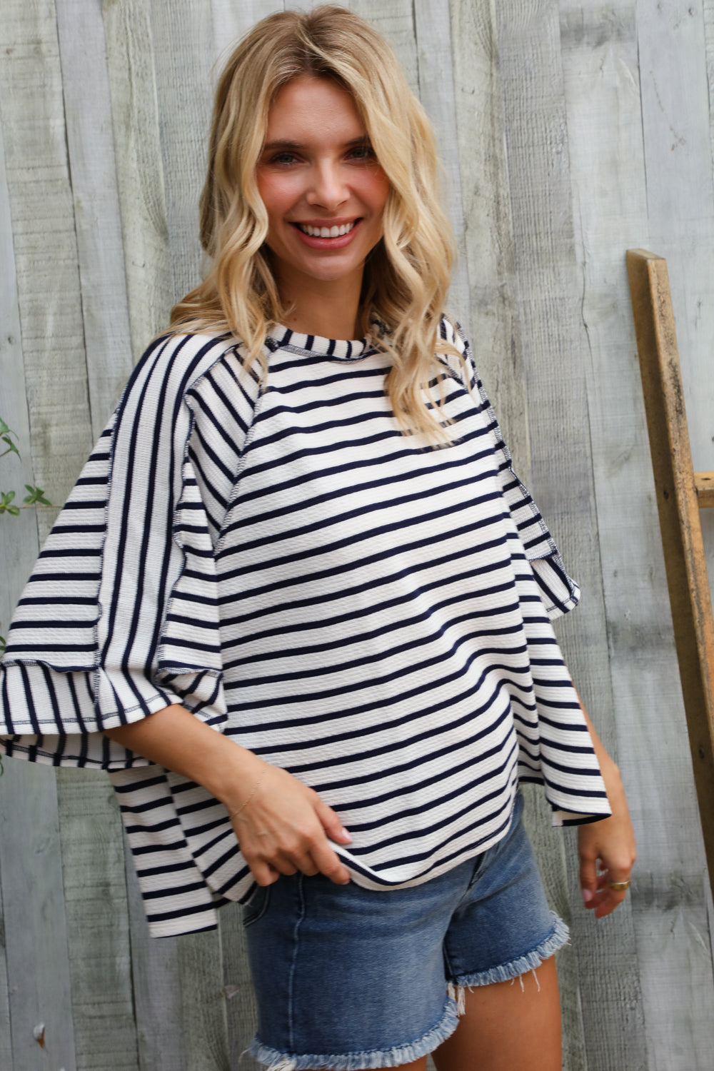 Casual Chic Cotton Navy & Cream Stripe Raglan 3/4 Sleeve Pullover