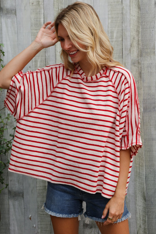 Casual Chic Cotton Red & Cream Stripe Raglan 3/4 Sleeve Pullover