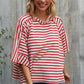 Casual Chic Cotton Red & Cream Stripe Raglan 3/4 Sleeve Pullover