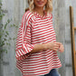 Casual Chic Cotton Red & Cream Stripe Raglan 3/4 Sleeve Pullover