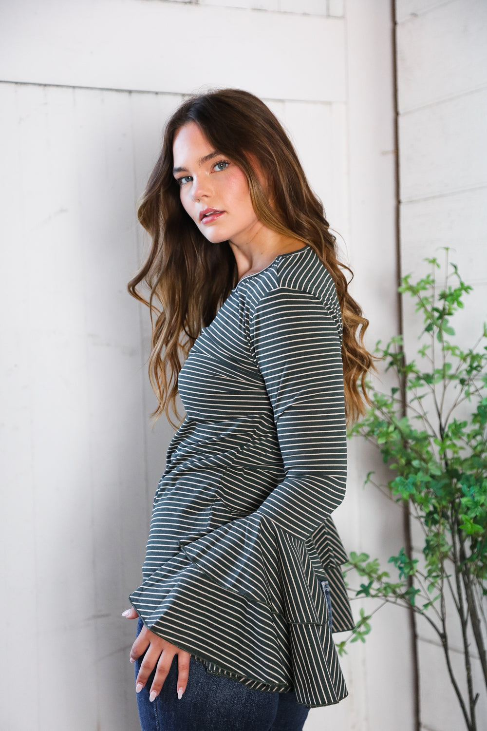 Sassy in Stripes Olive Blouse