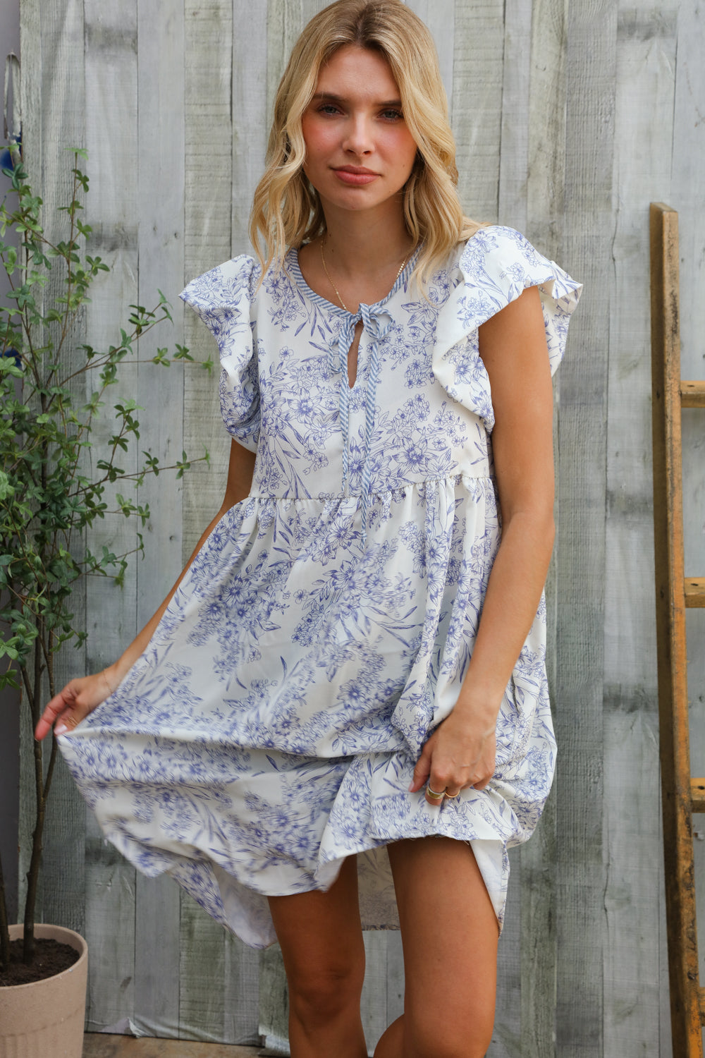 Vintage Vibes Dusty Blue Folded Ruffle Short Sleeve Babydoll Dress