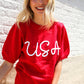 Patriotic USA Red Knit Embroidery Puff Sleeve Sweater Top