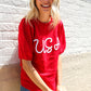 Patriotic USA Red Knit Embroidery Puff Sleeve Sweater Top