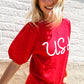 Patriotic USA Red Knit Embroidery Puff Sleeve Sweater Top