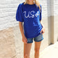 Patriotic USA Blue Knit Embroidery Puff Sleeve Sweater Top