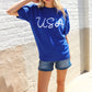 Patriotic USA Blue Knit Embroidery Puff Sleeve Sweater Top
