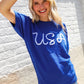 Patriotic USA Blue Knit Embroidery Puff Sleeve Sweater Top