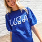 Patriotic USA Blue Knit Embroidery Puff Sleeve Sweater Top