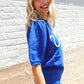 Patriotic USA Blue Knit Embroidery Puff Sleeve Sweater Top