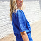 Patriotic USA Blue Knit Embroidery Puff Sleeve Sweater Top