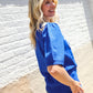Patriotic USA Blue Knit Embroidery Puff Sleeve Sweater Top