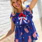 American Flag Blue & Red Stars & Bow Print Woven Top