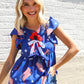 American Flag Blue & Red Stars & Bow Print Woven Top