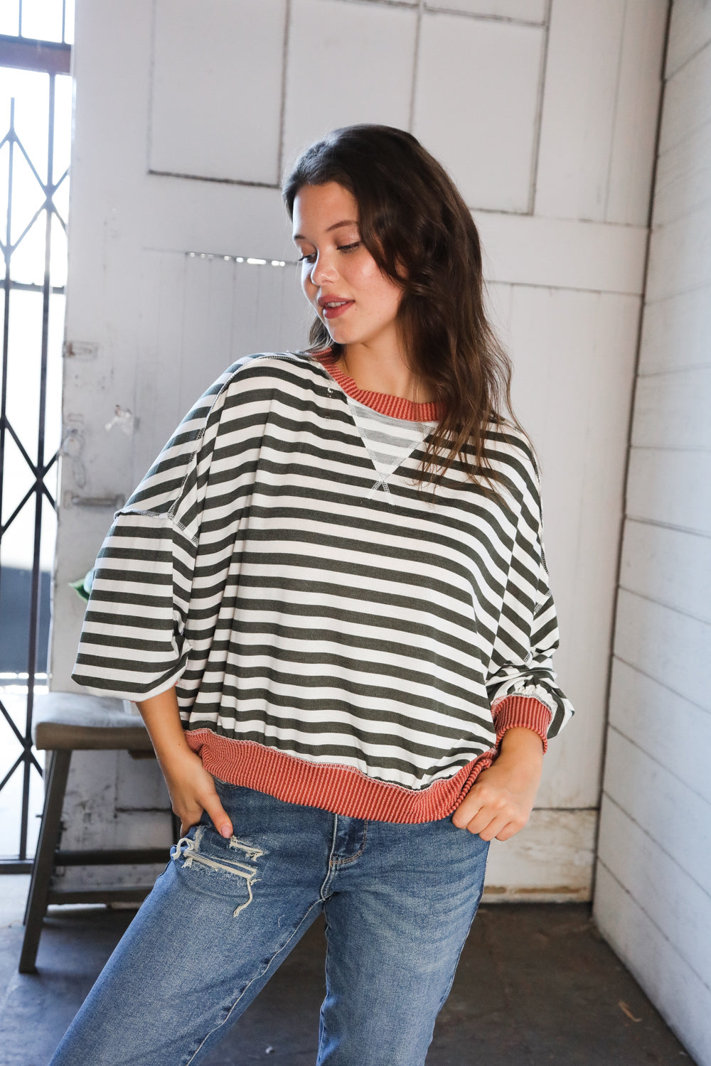 A Stripe Story Rust Crew Neck Pullover