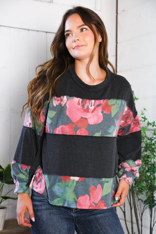 Cottage Roses Charcoal Color Block Long Sleeve