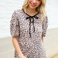 Everyday Animal Print Collar Notch Front Tie Knit Top
