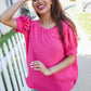 Perfectly You Solid Fuchsia Silk Shirred Cap Short Sleeve Blouse