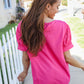 Perfectly You Solid Fuchsia Silk Shirred Cap Short Sleeve Blouse