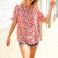 Elegant You Ruby Notched Neck Floral Smocked Sleeve Blouse