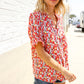 Elegant You Ruby Notched Neck Floral Smocked Sleeve Blouse