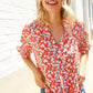 Elegant You Ruby Notched Neck Floral Smocked Sleeve Blouse