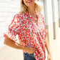Elegant You Ruby Notched Neck Floral Smocked Sleeve Blouse