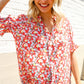 Elegant You Ruby Notched Neck Floral Smocked Sleeve Blouse