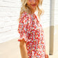 Elegant You Ruby Notched Neck Floral Smocked Sleeve Blouse