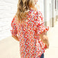 Elegant You Ruby Notched Neck Floral Smocked Sleeve Blouse