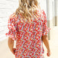 Elegant You Ruby Notched Neck Floral Smocked Sleeve Blouse