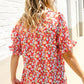 Elegant You Ruby Notched Neck Floral Smocked Sleeve Blouse