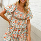 Find Love Floral Print Smocked Neck Puff Sleeve Ruffle Tiered Dress