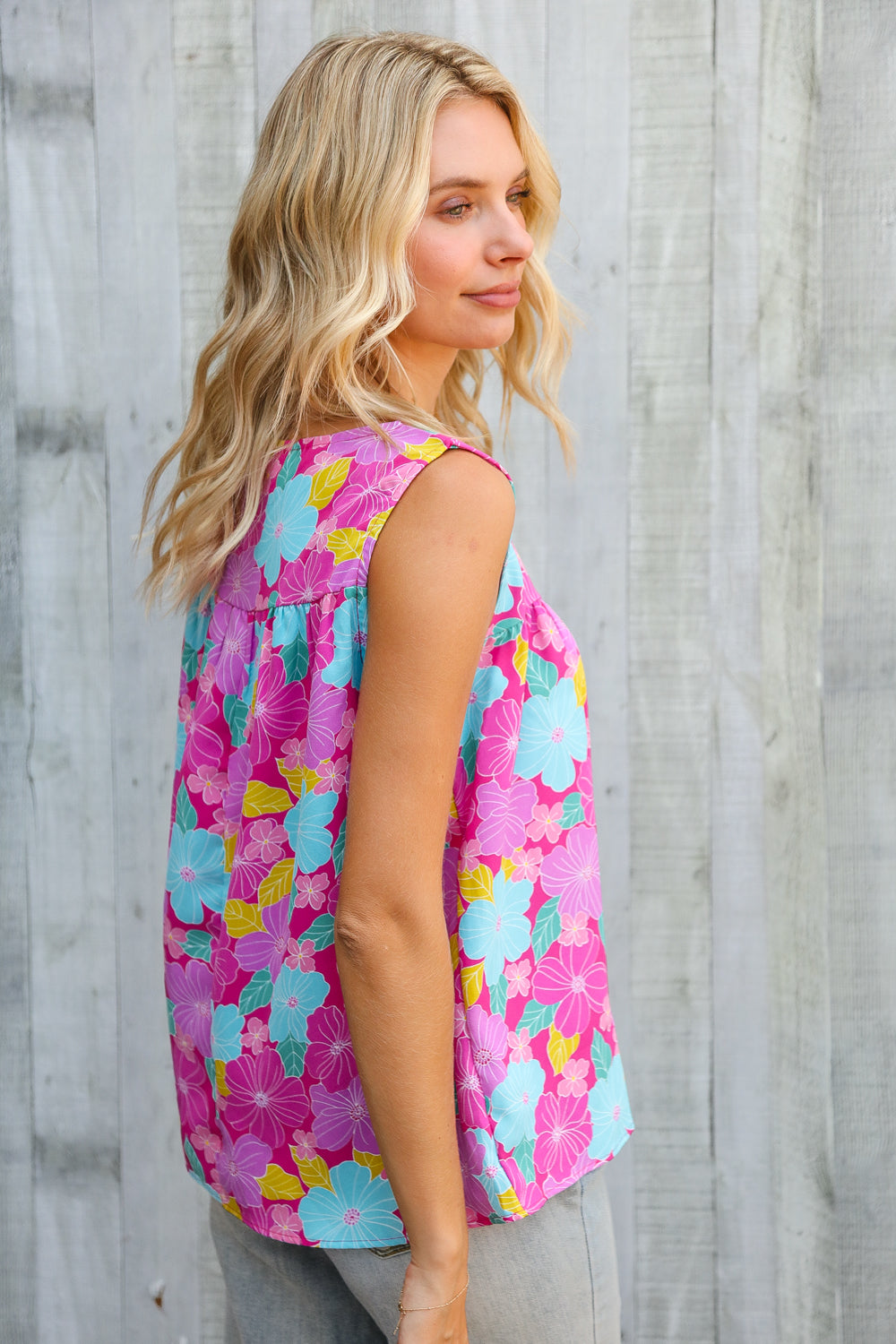 Summer Vibes Fuchsia Square Neck Floral Bow Tie Top