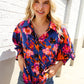 Dazzle in Cobalt Blue Abstract Print Button-Down Smocked Sleeve Blouse