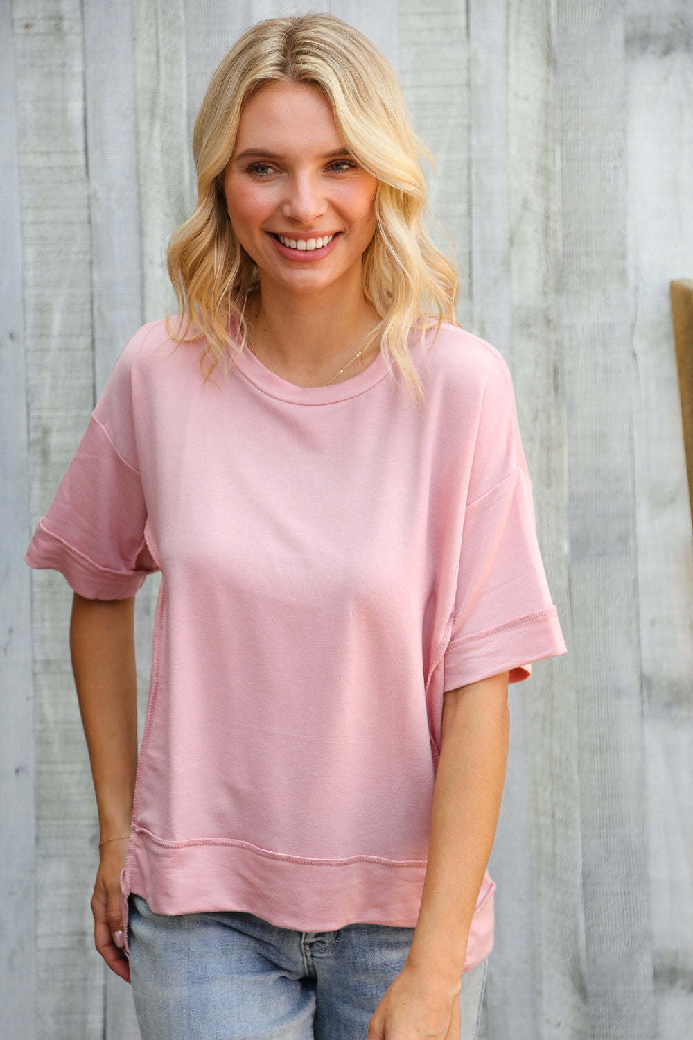 Look My Way Blush Hi-Lo French Terry Outseam Pullover