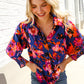 Dazzle in Cobalt Blue Abstract Print Button-Down Smocked Sleeve Blouse
