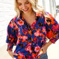 Dazzle in Cobalt Blue Abstract Print Button-Down Smocked Sleeve Blouse