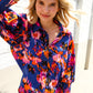 Dazzle in Cobalt Blue Abstract Print Button-Down Smocked Sleeve Blouse