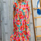 Dazzle In Orange & Aqua Floral Smocked Notched Neck Midi Dress