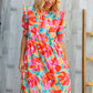 Dazzle In Orange & Aqua Floral Smocked Notched Neck Midi Dress