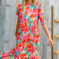 Dazzle In Orange & Aqua Floral Smocked Notched Neck Midi Dress