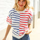 Patriotic Red & Blue Stripe Drop Shoulder Oversize Sweater Top