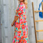 Dazzle In Orange & Aqua Floral Smocked Notched Neck Midi Dress
