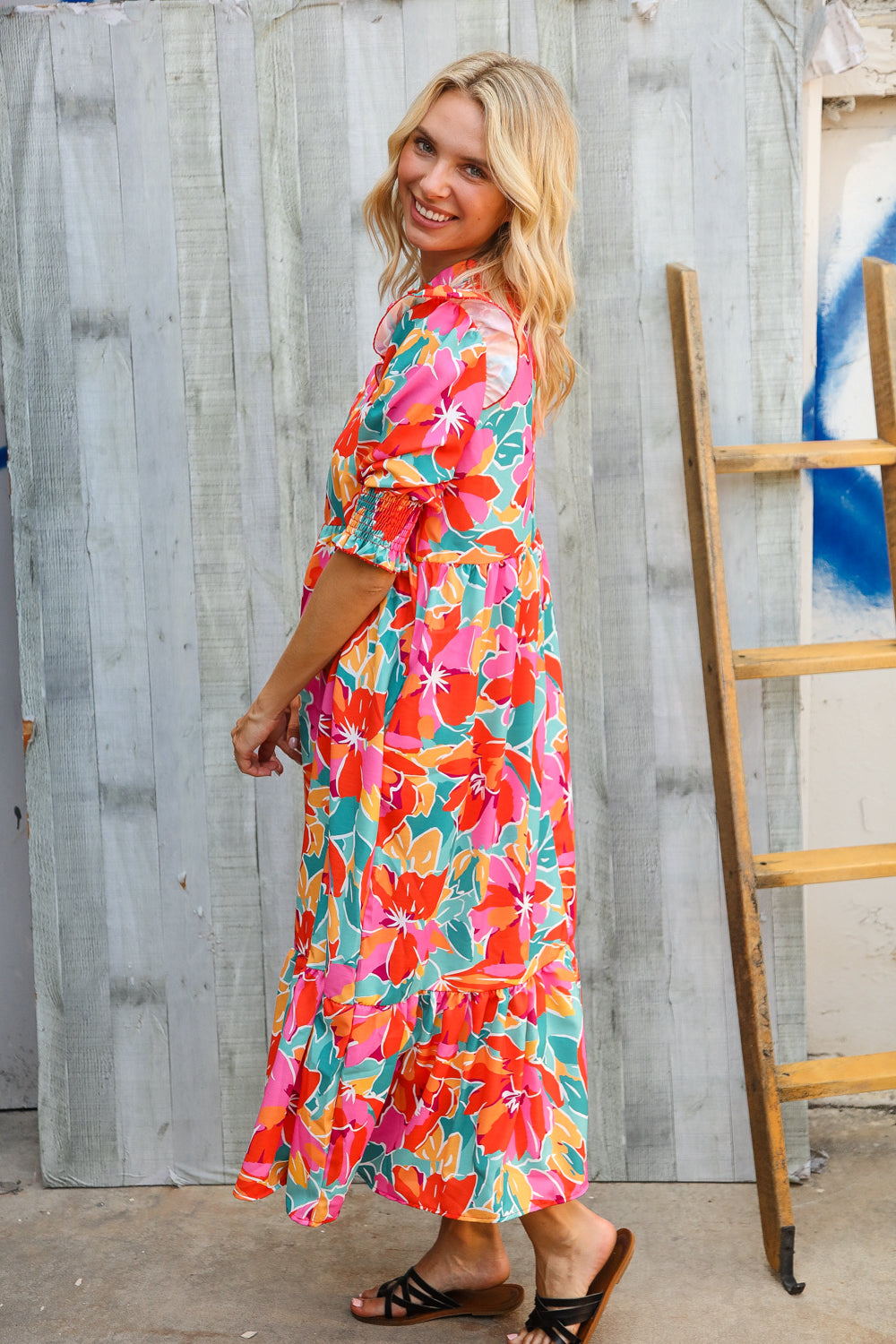 Dazzle In Orange & Aqua Floral Smocked Notched Neck Midi Dress