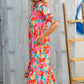 Dazzle In Orange & Aqua Floral Smocked Notched Neck Midi Dress