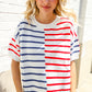 Patriotic Red & Blue Stripe Drop Shoulder Oversize Sweater Top
