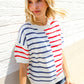 Patriotic Red & Blue Stripe Drop Shoulder Oversize Sweater Top