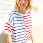 Patriotic Red & Blue Stripe Drop Shoulder Oversize Sweater Top