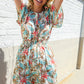 Get Whimsical Tropical Print Smocked Waist Neck Button Romper